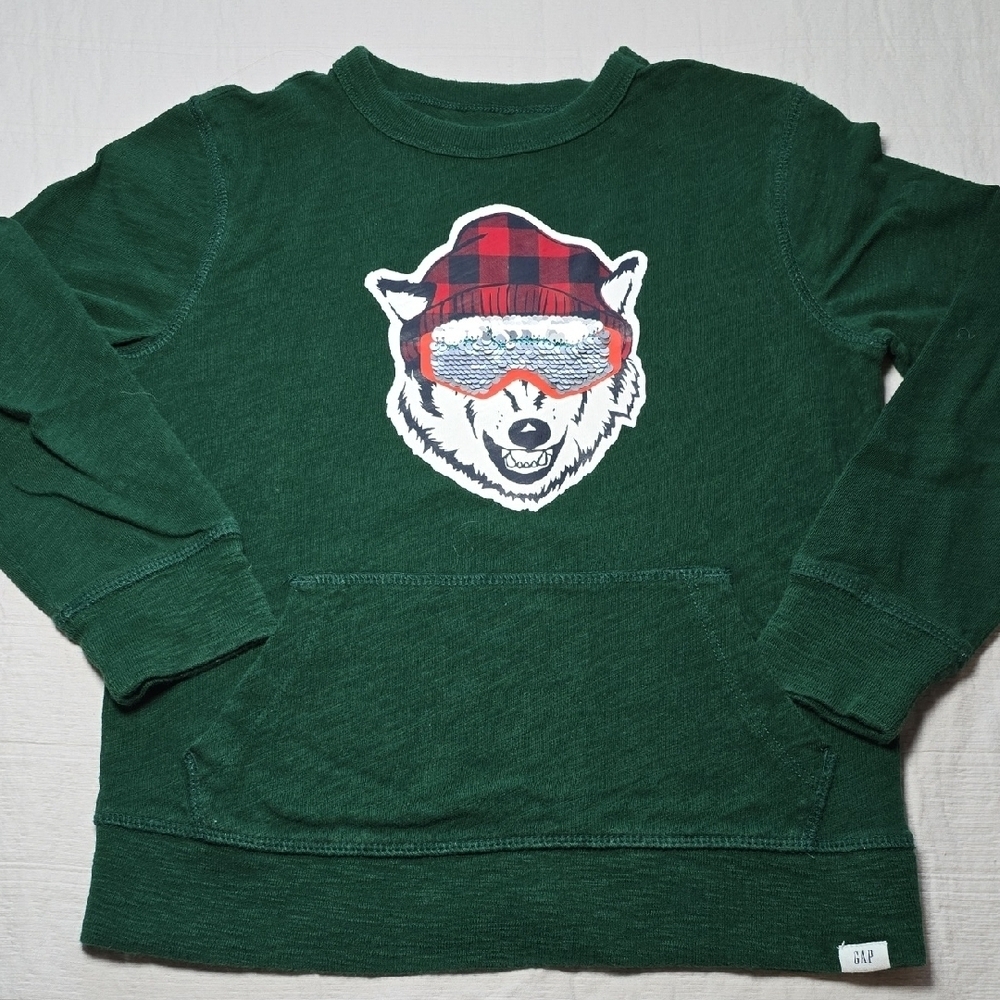 GAP Kids Green Sweatshirt with Wolf Graphic & Reversible Sequin Detail S 6-7